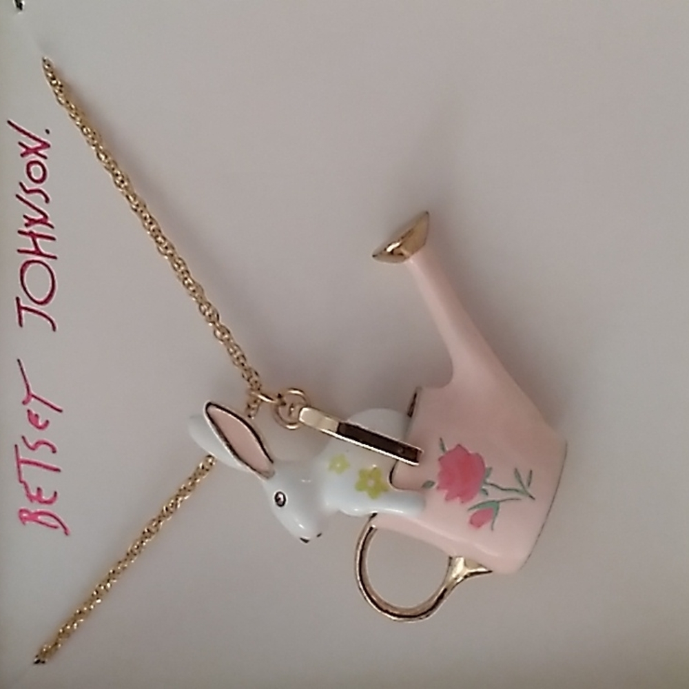 Betsey Johnson Easter Rabbit Necklace With Watering Can Bunny Pendant Pink View 3